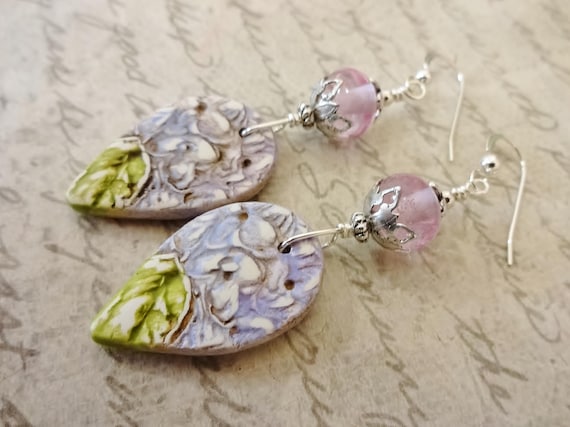 Lavender and Green Hyacinth Polymer Clay and Lampwork Glass Artisan Earrings, Lightweight Earrings Gift for Her