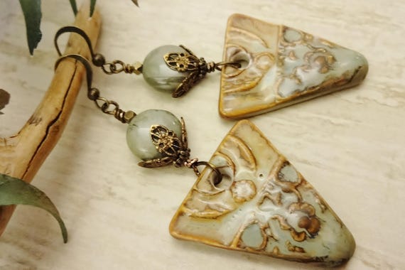 Bohemian Handmade Ceramic and Green Jasper Earrings, Green and Beige Artisan Earrings