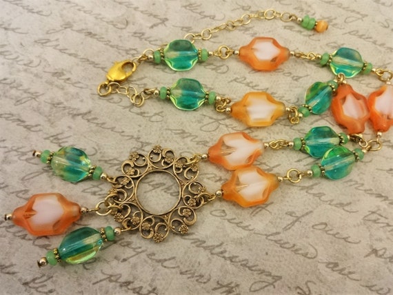 Vintage Style Filigree Necklace with Orange and Green Glass - Citrus Summery Necklace, Gift for Her