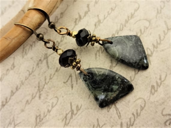 Kambaba Jasper and Black Onyx Gemstone Earrings, Natural Jasper Triangle Earrings, Dark Green and Black