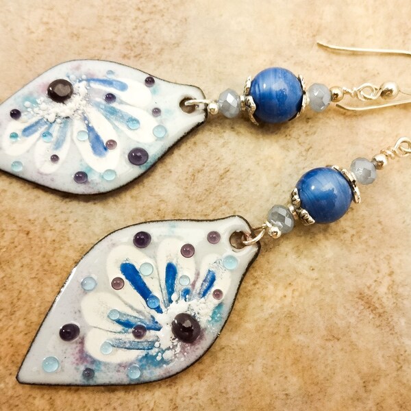 Artisan Enamel Earrings, Blue and White One of a Kind Artisan Earrings, Handmade Earrings Gift