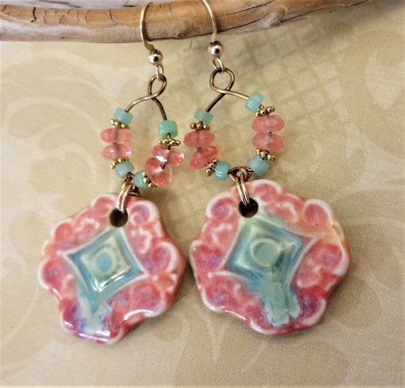 Mint Green and Peach Earrings, Artisan Ceramic Boho Earrings, Long Handmade Earrings, Unique Earrings, Colorful Jewelry
