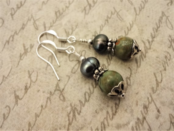 Green Ryolite and Pearl Earrings, Short Gemstone Earrings, Rainforest Jasper Earrings, Boho Earrings, Gift for Her
