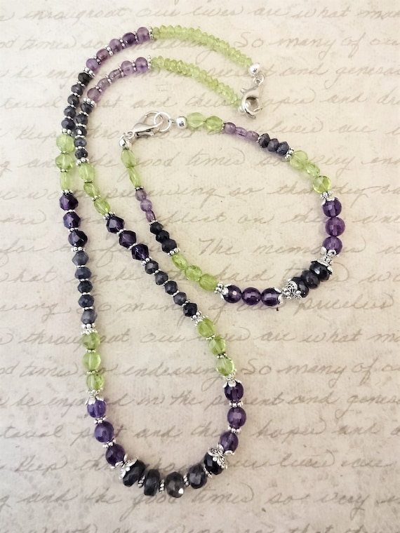 Amethyst Peridot and Iolite Necklace and Bracelet Set, February Birthstone Jewelry, August Birthstone Jewelry, Gemstone Jewelry