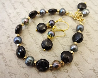 Golden Sheen Obsidian and Freshwater Pearls Bracelet and Earring Set, One of a Kind Jewelry, Gift for Her