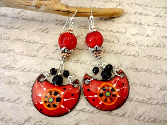 Red Artisan Enamel and Lampwork Glass Moon Earrings, One of a Kind Artisan Earrings, Red and Black Earrings
