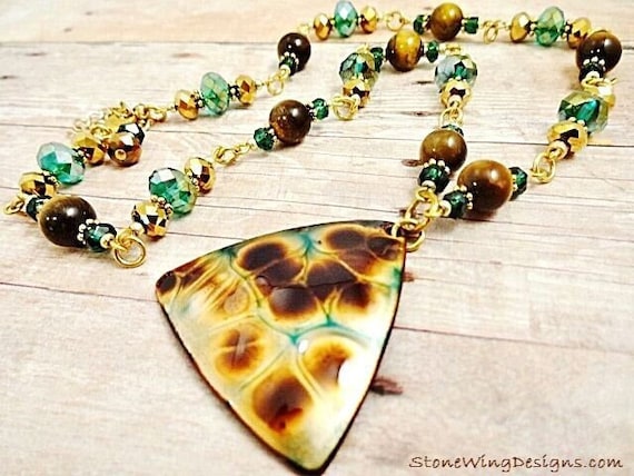 Tigers Eye and Enamel Necklace, Tigers Eye Jewelry, Artisan Torch-Fired Enamel and Gemstone Necklace, Brown and Green,