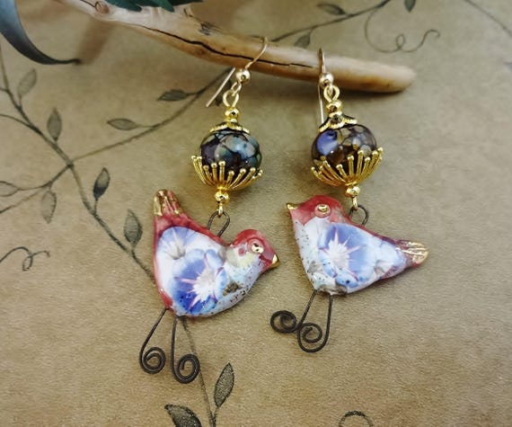 Artisan Porcelain Bird Earrings, Red Purple White Lampwork Enamel 14k Gold Fill