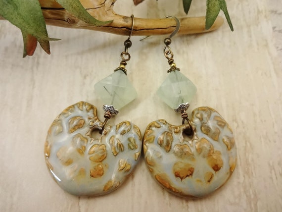 Artisan Ceramic and Prehnite Gemstone Earrings, Light Green and Tan Earrings, Artisan Earrings, Gift for Her