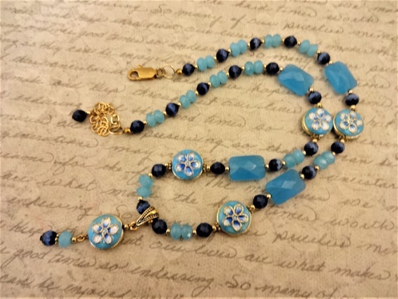 Blue Quartz Necklace, Caribbean Blue Jewelry, Blue Enamel Necklace, Dark Blue Necklace, Blue Gemstone Necklace, Blue and Gold, Boho Necklace