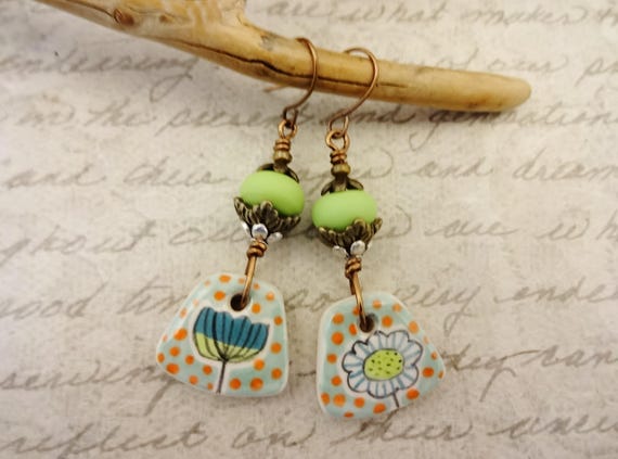 Asymmetric Artisan Ceramic Earrings: Lampwork Glass Lime Green, Blue and Orange