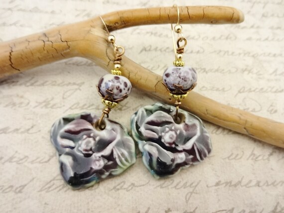 Bohemian Ceramic and Lampwork Glass Earrings, Purple and Green Flower Earrings, Artisan Earrings