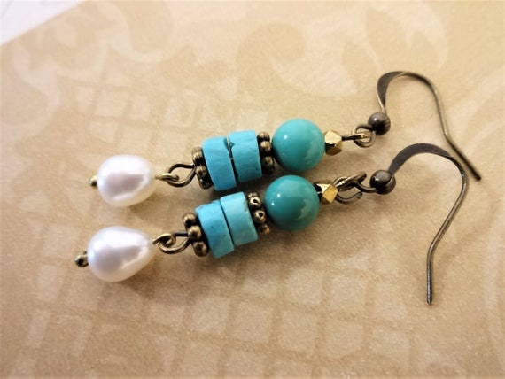 Turquoise and Pearl Earrings with Antique Brass Metals, Rustic Boho Earrings, Gift for Her