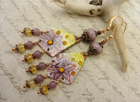 Artisan Enamel Earrings, Yellow Gold and Purple One of a Kind Handmade Earrings, Gift for Her, Citrine and Lepidolite