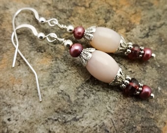 Pink Opal Garnet Earrings: Sterling Silver, Pearl Gemstone Dangles