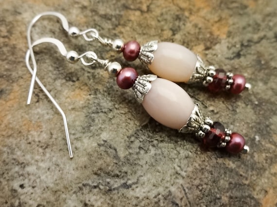 Pink Peruvian Opal and Garnet Gemstone Earrings, Birthstone Earrings for January June and October, Gemstone and Pearl Earrings