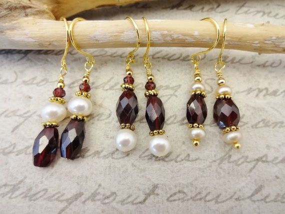 Garnet Earrings, January Birthstone Earrings, Garnet and Pearl, Red Gemstone, Garnet Jewelry, Gift for Her, Gift for Wife