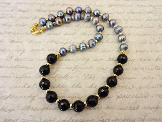 Black Onyx & Peacock Pearl Necklace: Gray Black and Gold