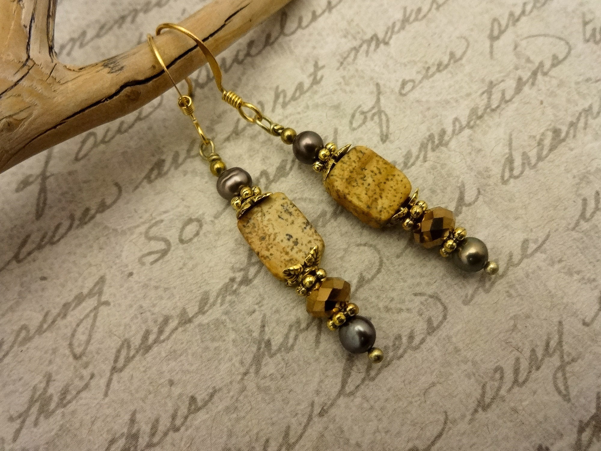 Picture Jasper and Pearl Earrings, Brown Gemstone Earrings, Jasper