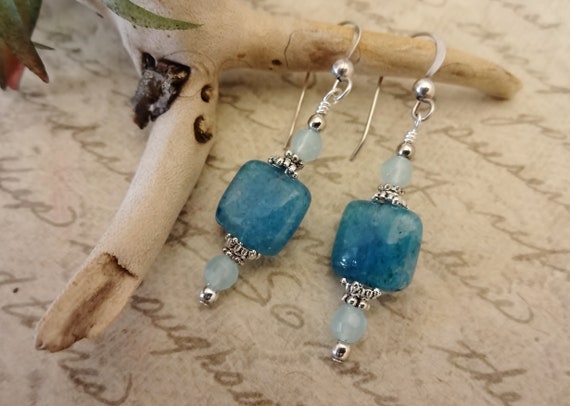 Apatite and Chalcedony Gemstone Earrings, Blue Apatite and Aqua Chalcedony Stone Earrings, Blue Gemstone Jewelry