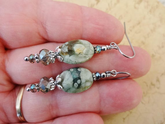 Green Rhyolite Gemstone Earrings: Green Stone and Crystal Boho Jewelry