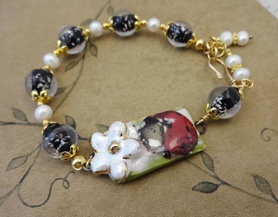 Artisan Ceramic Ladybug Bracelet with White Pearls and Black Glass, Gift for Her, Spring Jewelry, Mother's Day Gift