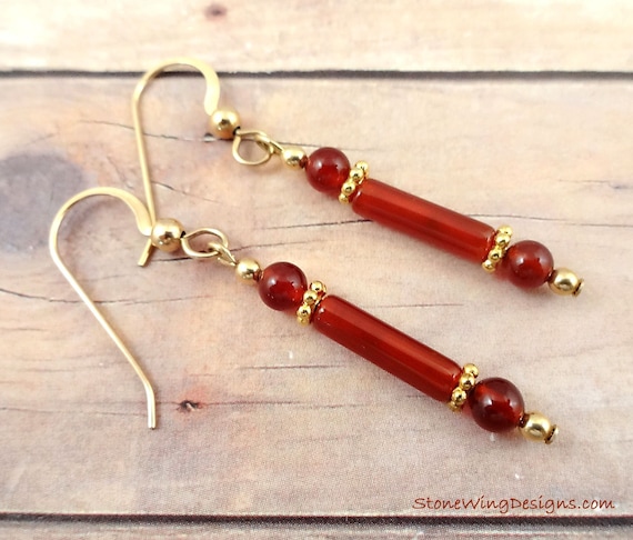 Carnelian Earrings, Gemstone Earrings, Orange Stone Earrings, Carnelian Jewelry, Long Earrings, Orange Gemstone, Skinny Earrings