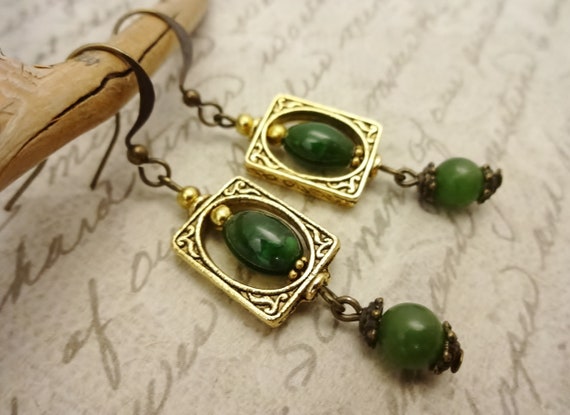 Green Jade Earrings with Antique Brass, Geen Gemstone Dangle Earrings for Her, Long Boho Earrings, Gift for Her