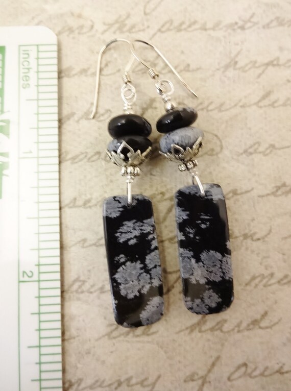 Boucles D'oreilles Pendantes En Argent 925 - Pierre Perle Agrégat Noir & Blanc (obsidienne Neige) - Neuves Sans Emballage