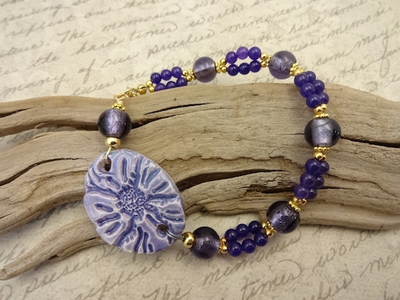 Boho Beaded Bracelet, Purple Ceramic Flower Bracelet, Amethyst and Foil Glass Bracelet, Gift for Her