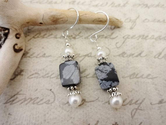 Snowflake Obsidian and White Pearl Earrings, Black Gray and White Earrings, Natural Stone Earrings, Gift for Her