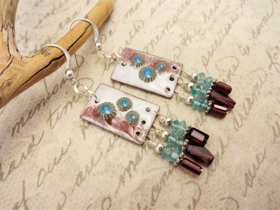 Artisan Handcrafted Enamel Charms, Garnet and Apatite Earrings