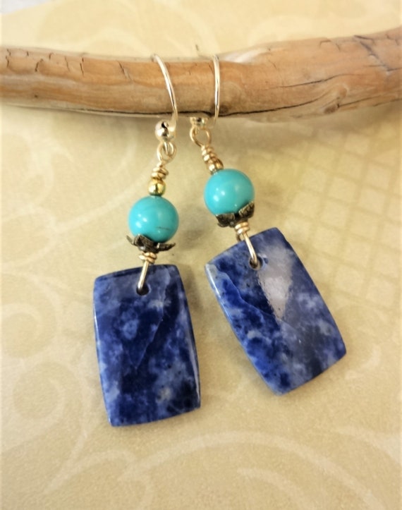 Sodalite and Turquoise Earrings, Blue Gemstone Earrings, Blue Stone Jewelry, Natural Gemstones, Gift for Her