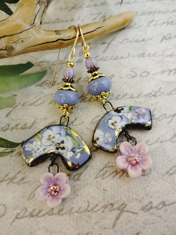 Artisan Porcelain Pansy Earrings, Purple Lavender White Lampwork Enamel 14k Gold Fill