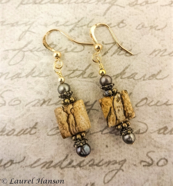 Picture Jasper and Pearl Earrings, Brown Gemstone Earrings, Jasper Crystal and Pearl Earrings