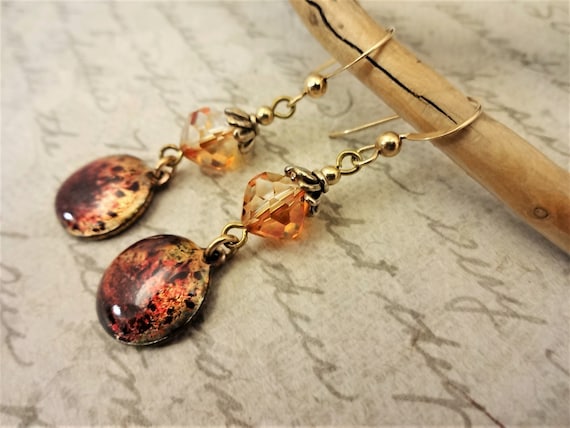 Enamel Drop and Swarovski Crystal Earrings, Torch Fired Enamel Earrings, Swarovski Copper Crystal Earrings