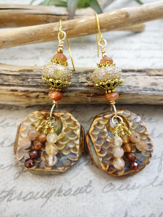 Artisan Ceramic Earrings: Lampwork Glass Sunstone Moonstone Citrine Hessonite Garnet