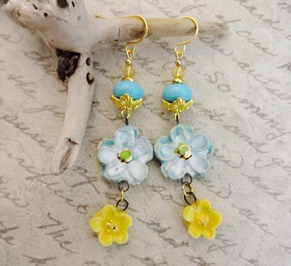 Artisan Porcelain Flower Earrings, Citrine Lampwork Glass, Yellow Blue