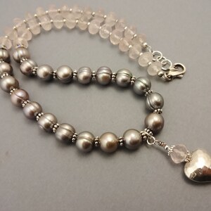 Rose Quartz and Gray Pearls Necklace, Gemstone and Pearls Jewelry, Pastel Stone Necklace, Gift for Her