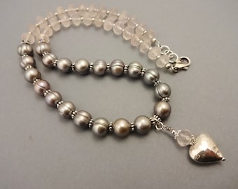 Rose Quartz and Gray Pearl Necklace: Sterling Silver Heart Pendant