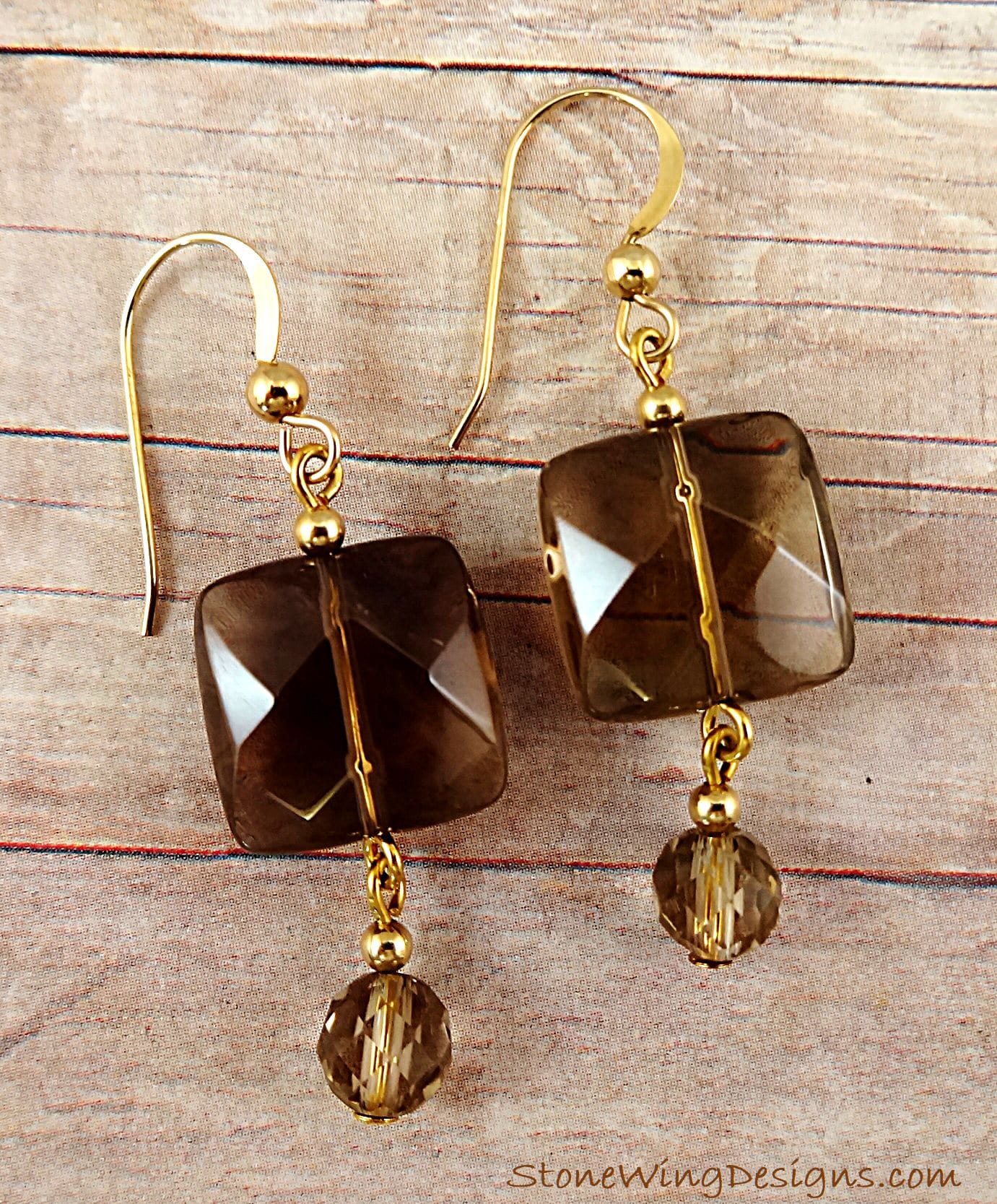 Square Faceted Smokey Quartz Gemstone Earrings