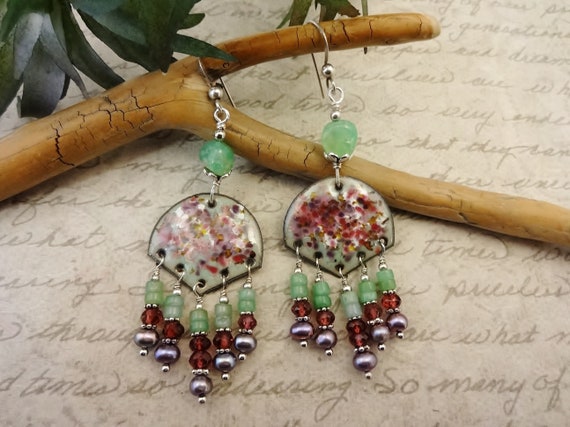 French Enamel Earrings in Mint Lavender and Red, Artisan Enamel and Gemstone Earrings, Gift for Her, One of a Kind