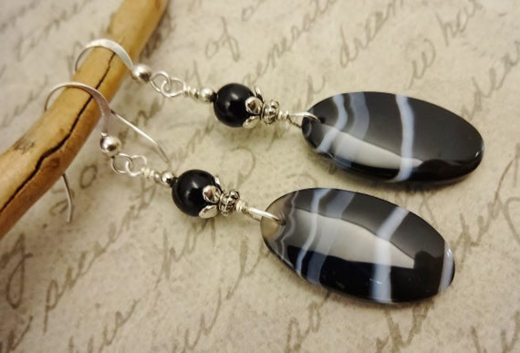 Striped Onyx Gemstone Earrings, Black and White Designer Earrings, Gift for Her, Boho Chic Earrings