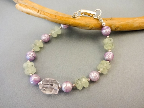 Amethyst and Prehnite Gemstone Bracelet, Gemstone and Pearls, Chunky Bracelet, February Birthstone, Gift for Her