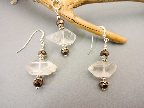 Quartz Crystal Gemstone Necklace and Earrings Set, Wire Wrapped Pendant On Silver Chain With Matching Earrings