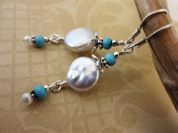 White Coin Pearl and Turquoise Gemstone Earrings, Coin Pearl Dangle Earrings, June Birthstone, December Birthstone