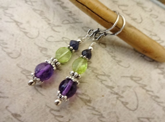 Amethyst Iolite and Peridot Gemstone Earrings with Sterling Silver Ear Wires, Gift for Mom, Gift for Her, Multi-Stone Jewelry