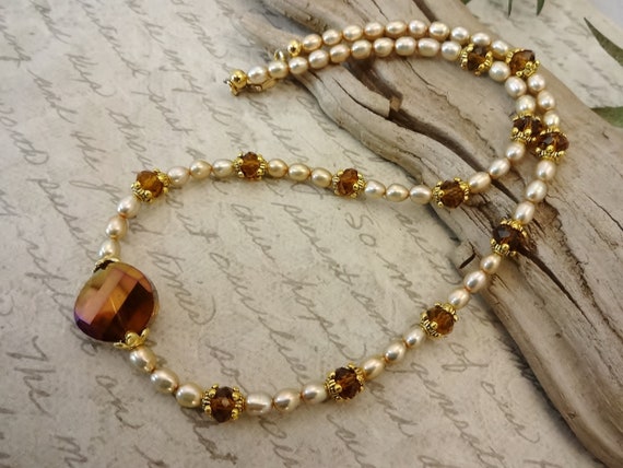 Brown and Taupe Pearl Necklace, Pearl and Czech Crystal Necklace, Gift for Her, Gift for Mom, Pearl and Crystal Jewelry