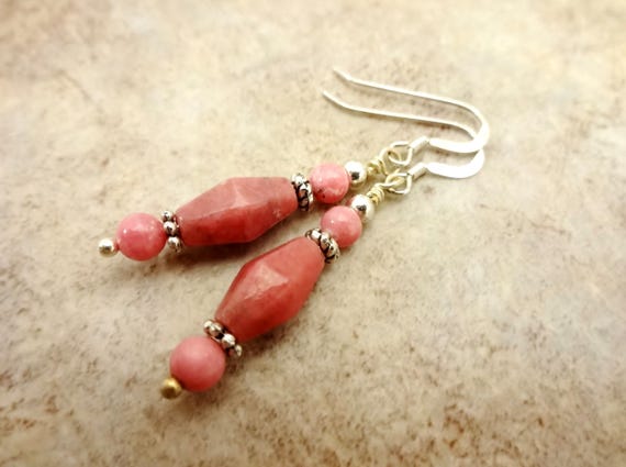 Rhodonite Gemstone Earrings, Rose Pink Stone Earrings, Rose Pink Jewelry, Gift for Her, Gift for Wife, Mother's Day Gift