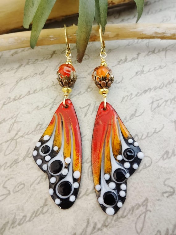 Orange Red Black Enamel Monarch Butterfly Wings Artisan Earrings, Extra Long Dangle Earrings, Gift for Her